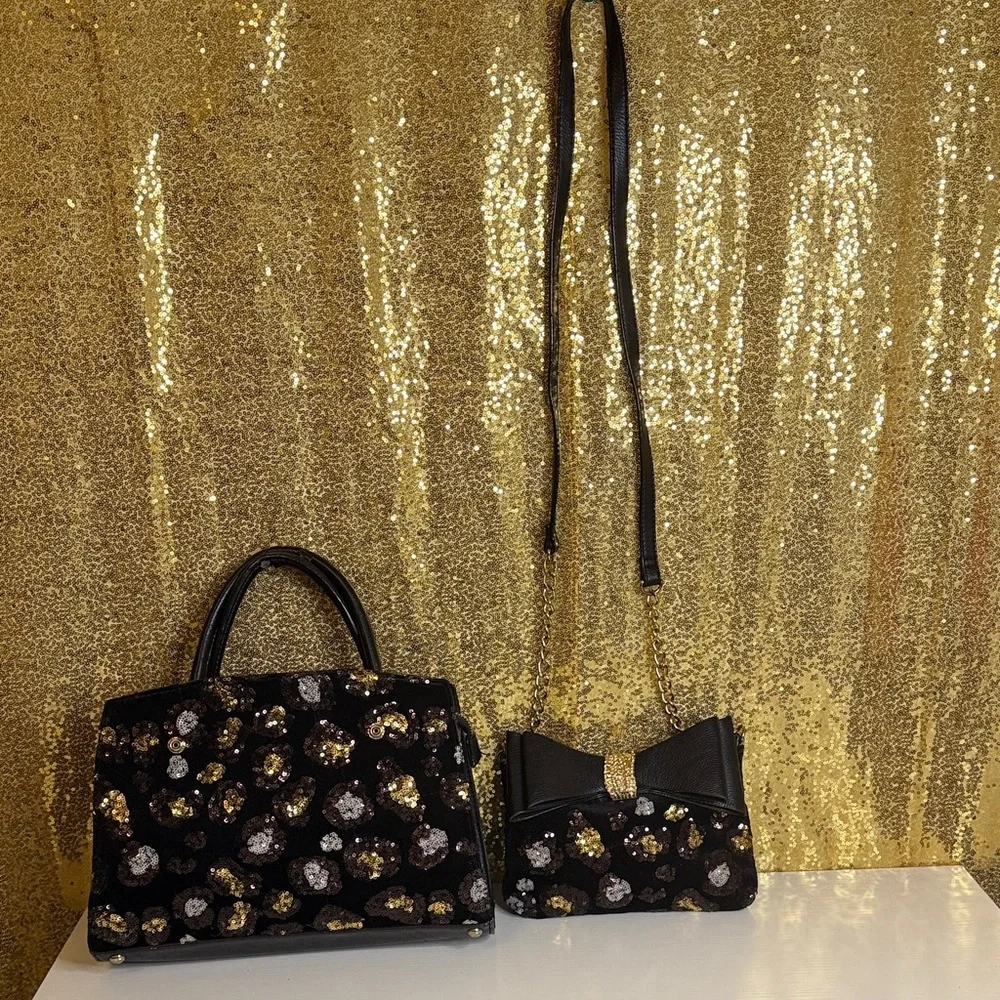 Betsey Johnson Evening Prowl Sequined Velvet Convertible satchel set